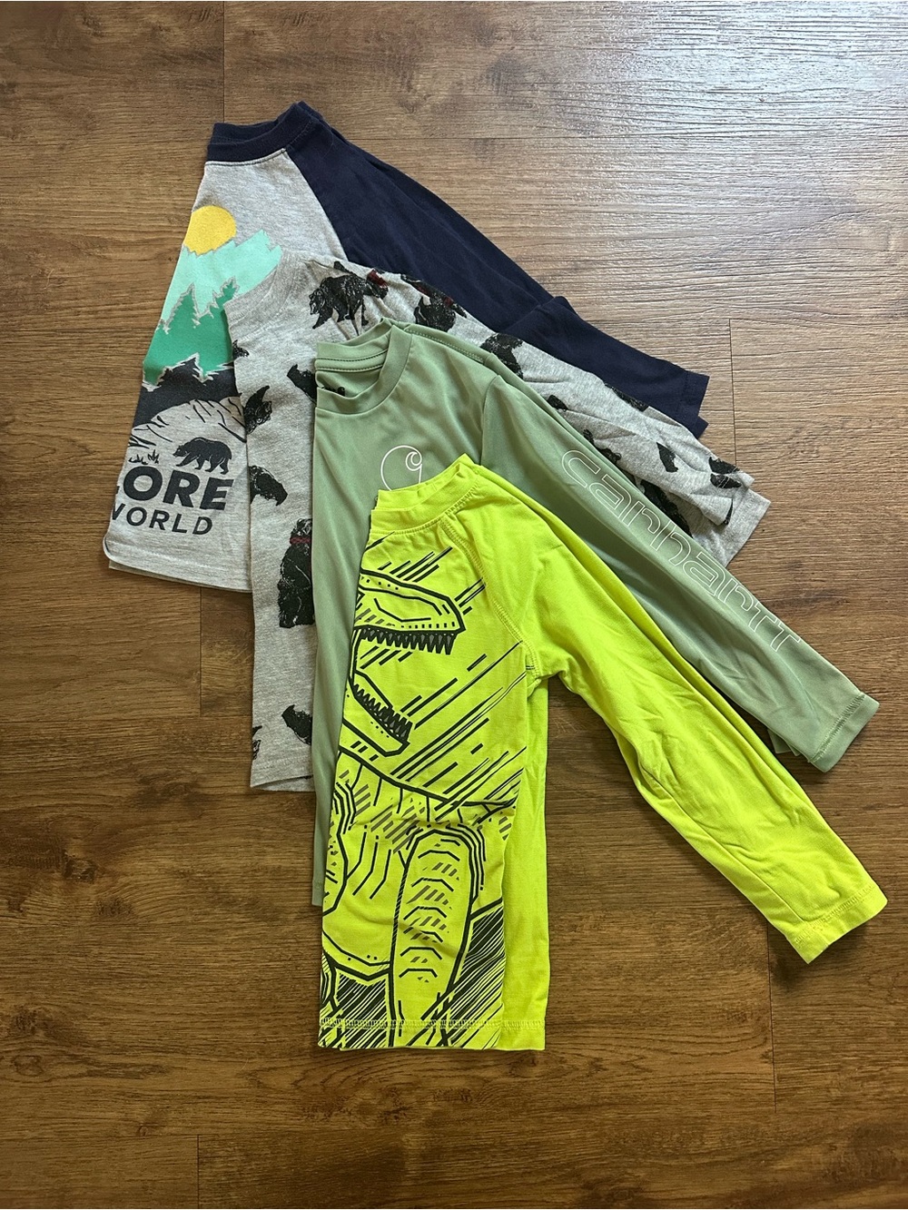 Bright Lime Green Dinosaur Graphic Long Sleeve Tee + 2 Neutral Kid Long Sleeves
